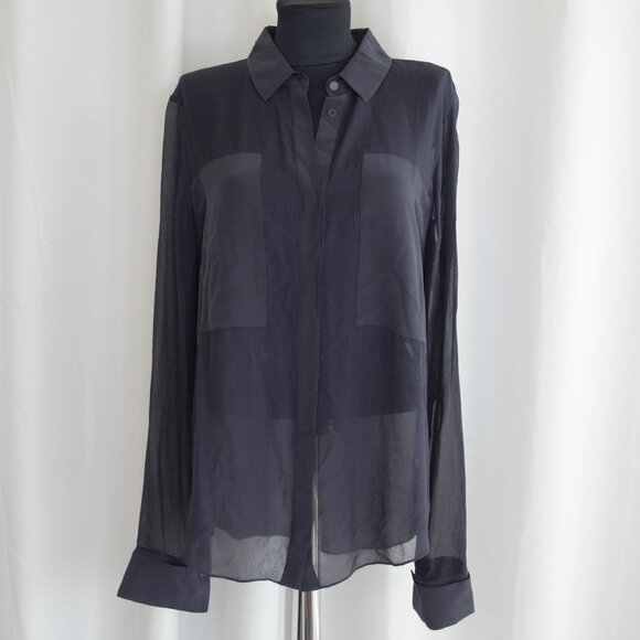 Alexander Wang 100% Silk Dark Blue Semi-Sheer Button Up Shirt Blouse Sz L - Picture 1 of 6